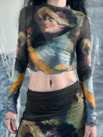 Y2K Grunge Collection- Vintage Paint Maxi Skirt Set