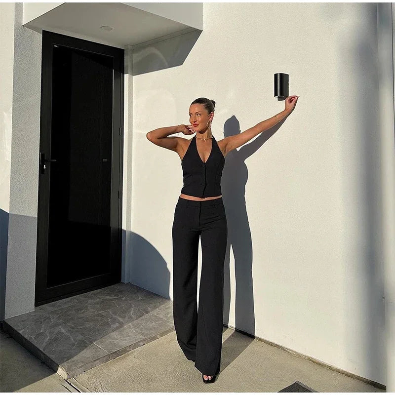 Classics Collection- Solid Halter Sleeveless Tank Set – Slim Straight Long Pants 2-Piece Suit for Women