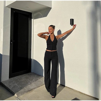 Classics Collection- Solid Halter Sleeveless Tank Set – Slim Straight Long Pants 2-Piece Suit for Women