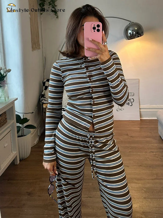 The Casual Striped Two-Piece Pants Set – O-Neck Coat & Drawstring Trousers