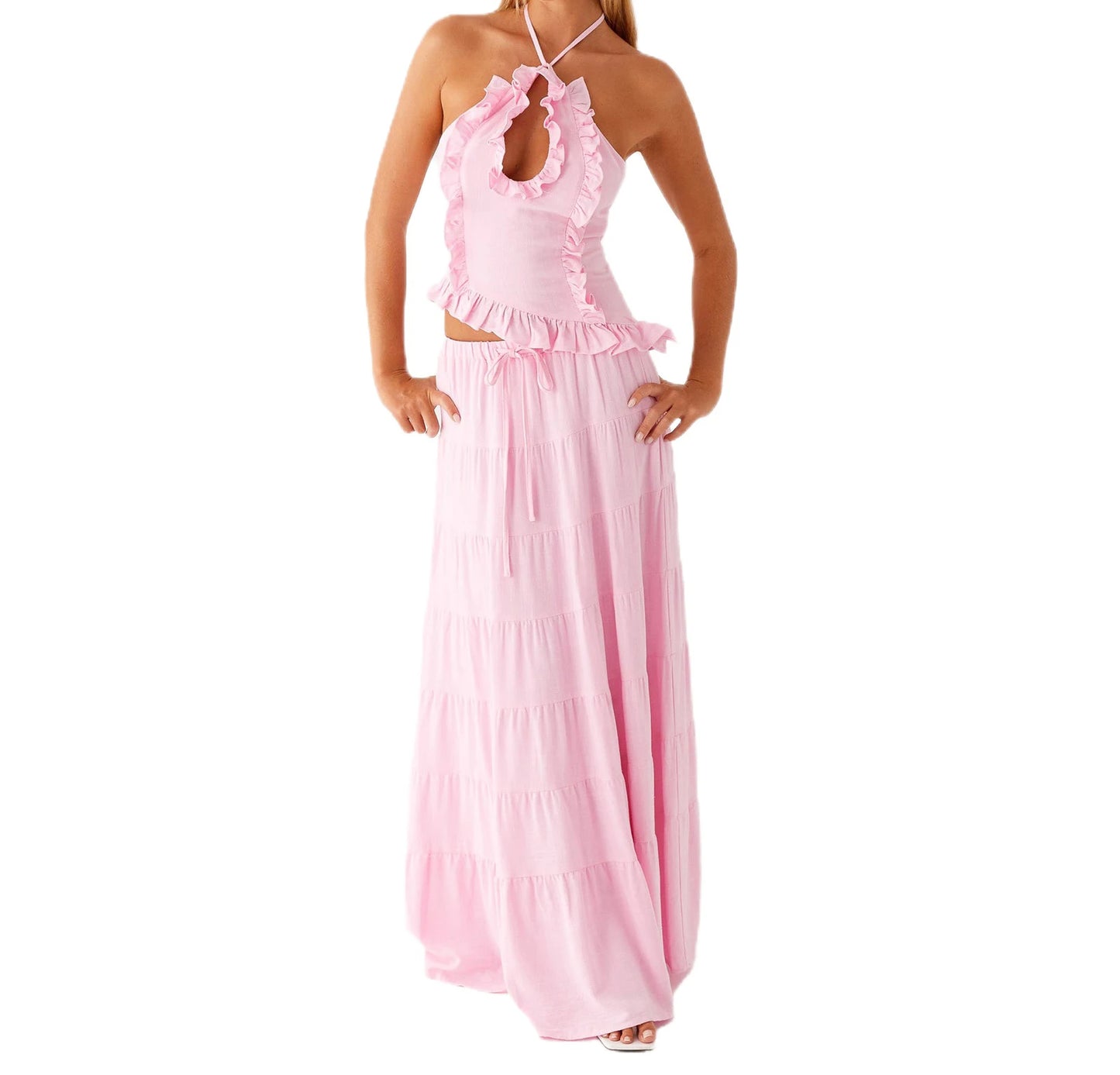 Boho Y2K Collection- Ruffle Halter Maxi Skirt Set