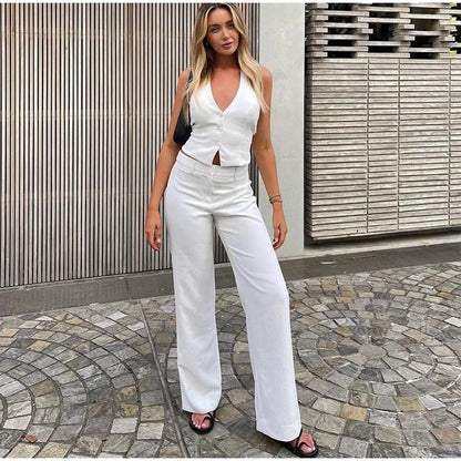 Classics Collection- Solid Halter Sleeveless Tank Set – Slim Straight Long Pants 2-Piece Suit for Women