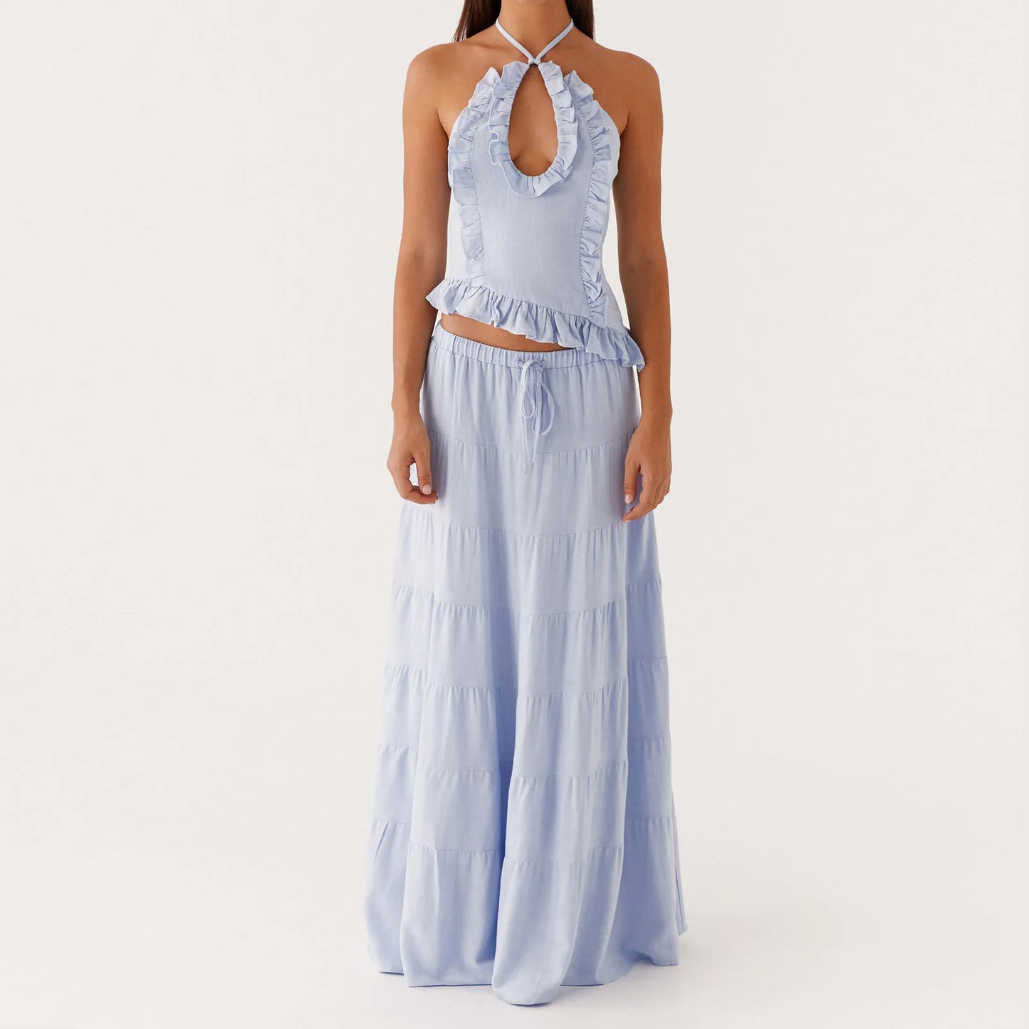 Boho Y2K Collection- Ruffle Halter Maxi Skirt Set