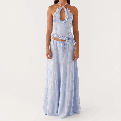 Boho Y2K Collection- Ruffle Halter Maxi Skirt Set