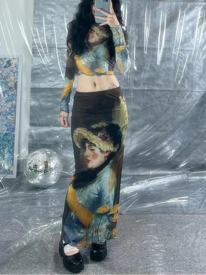Y2K Grunge Collection- Vintage Paint Maxi Skirt Set