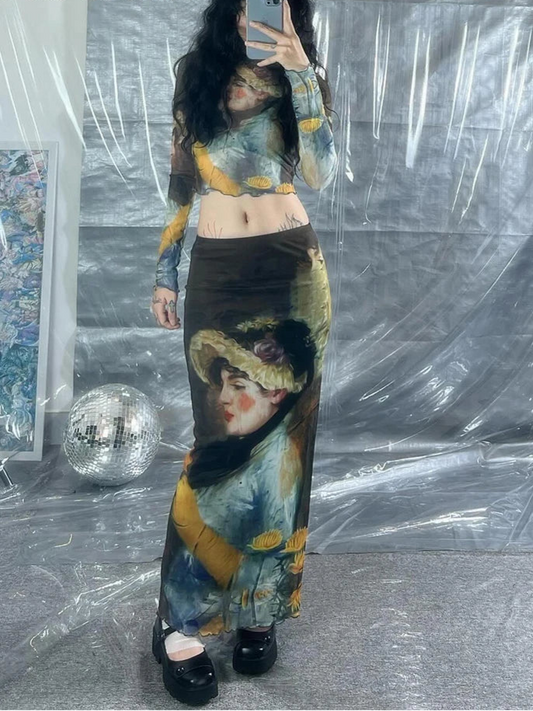 Y2K Grunge Collection- Vintage Paint Maxi Skirt Set