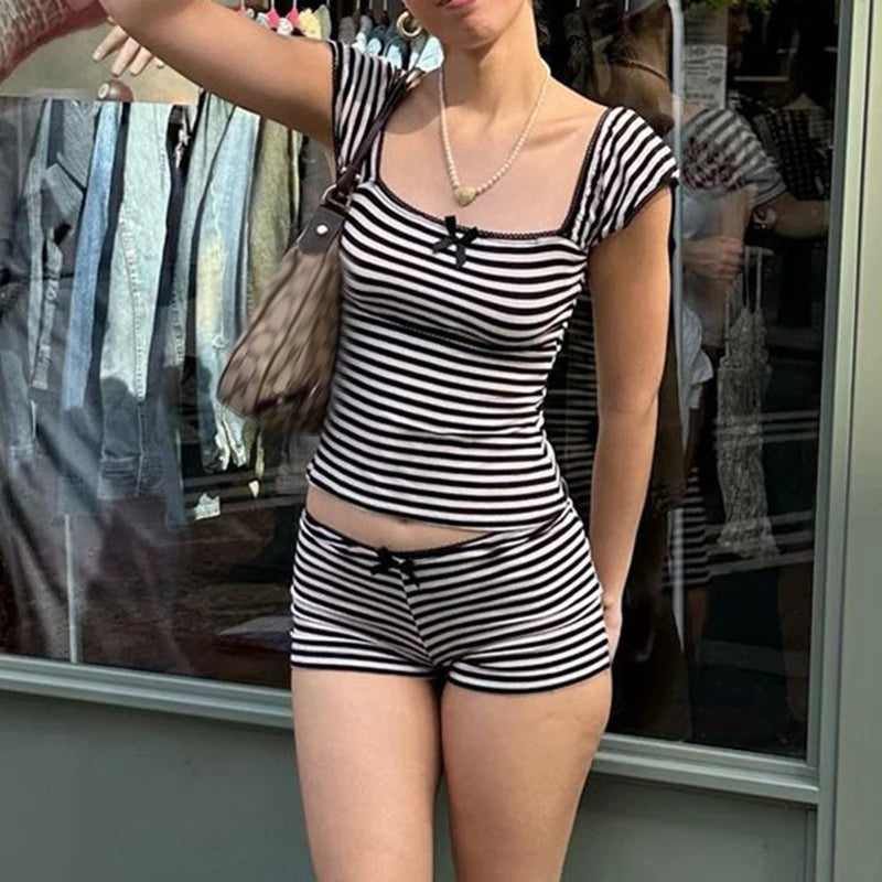 The Vintage Striped Two-Piece Set – Bow Crop Tank & Low-Waist Shorts
