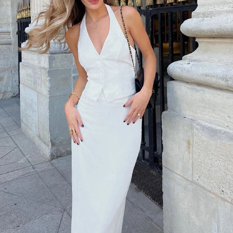 Classic Collection – Button-Up Halter Crop & Slit Maxi Skirt Set