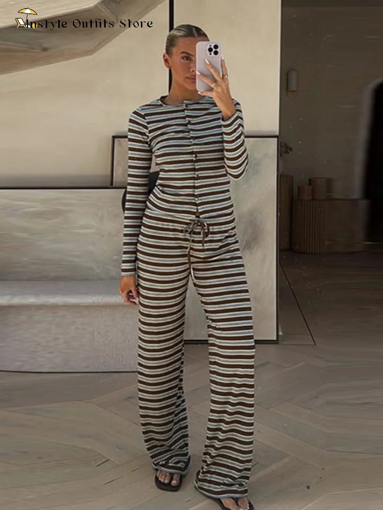 The Casual Striped Two-Piece Pants Set – O-Neck Coat & Drawstring Trousers
