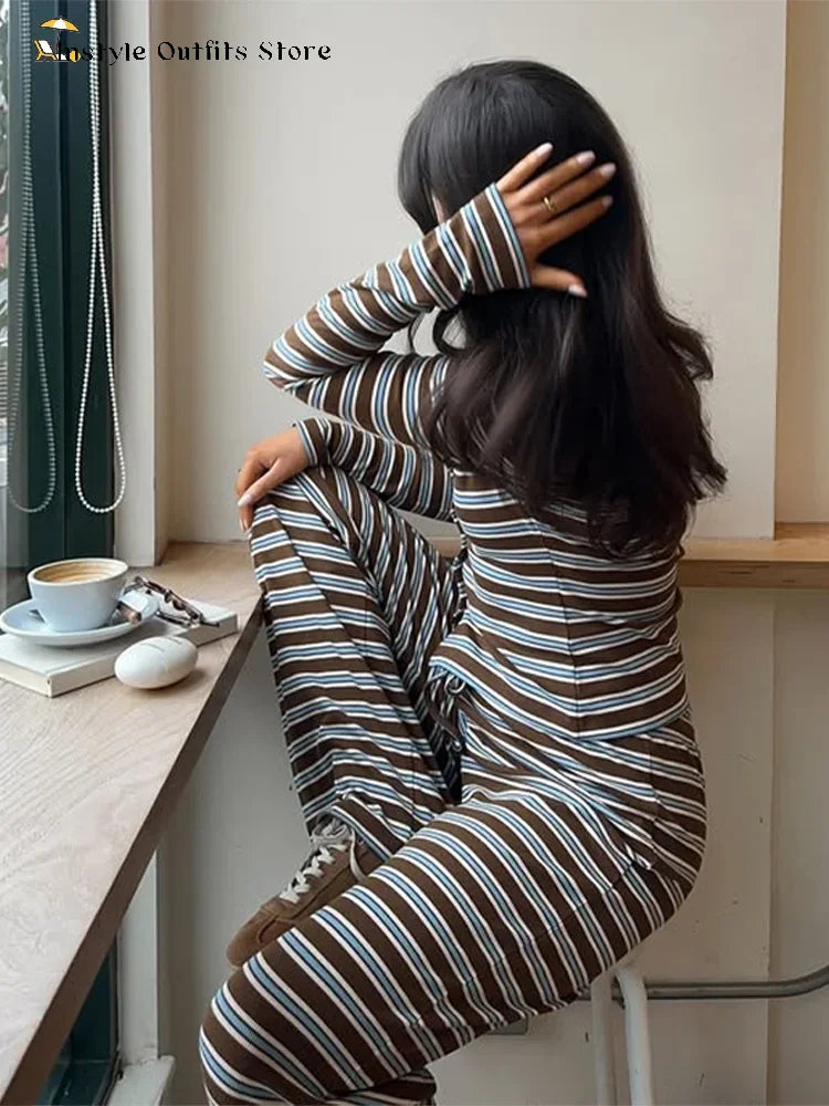 The Casual Striped Two-Piece Pants Set – O-Neck Coat & Drawstring Trousers