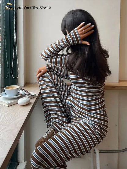 The Casual Striped Two-Piece Pants Set – O-Neck Coat & Drawstring Trousers