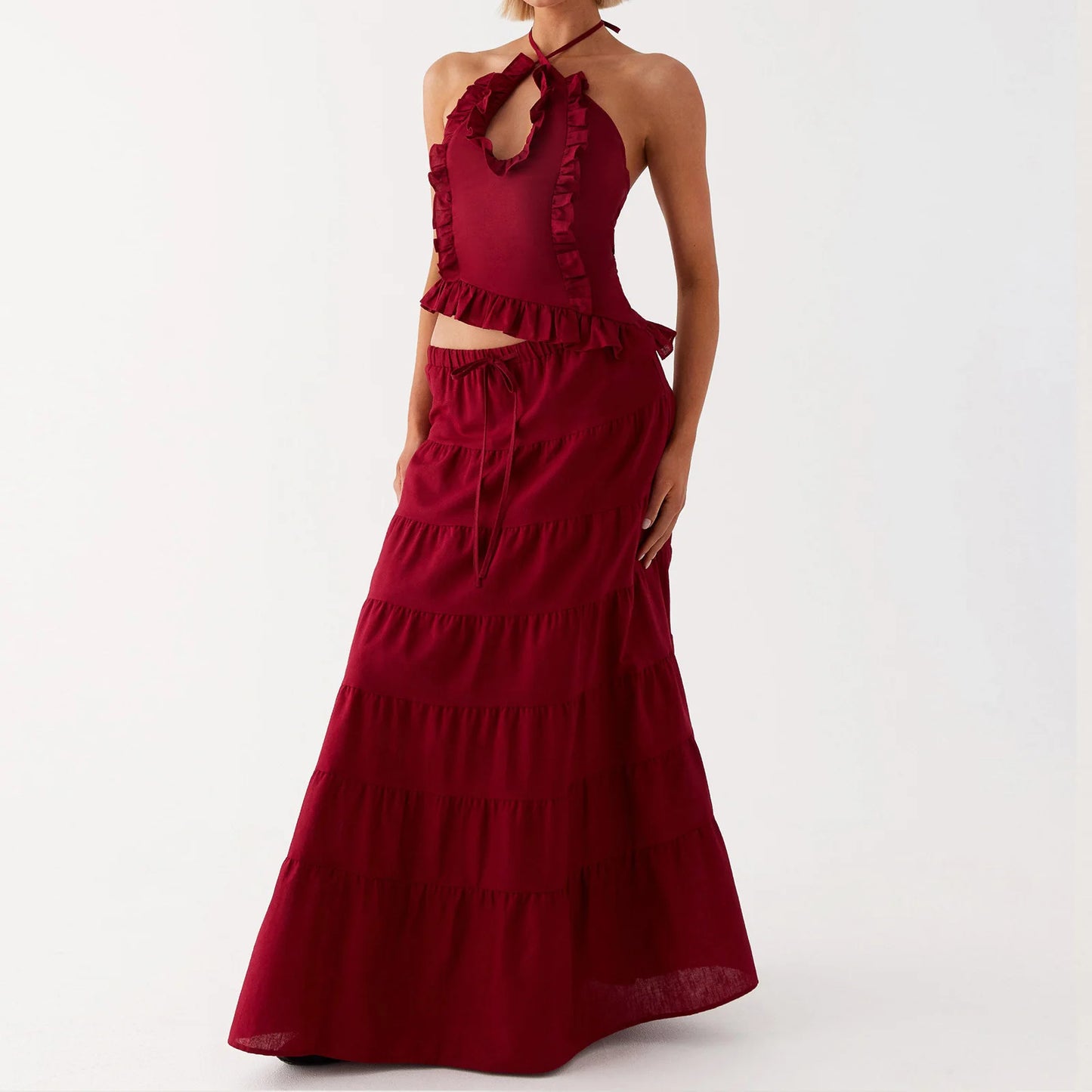 Boho Y2K Collection- Ruffle Halter Maxi Skirt Set