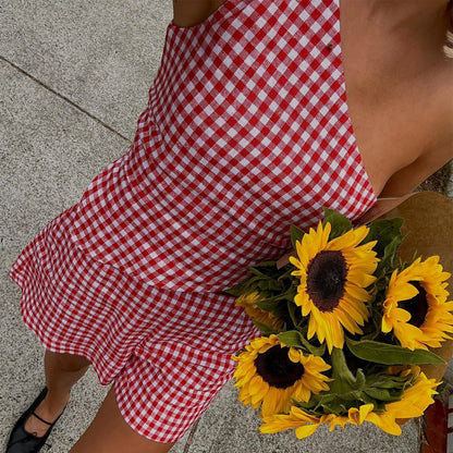 Boho Y2K Collection- Vintage Plaid 2-Piece Short Outfit