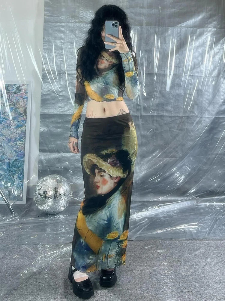 Y2K Grunge Collection- Vintage Paint Maxi Skirt Set