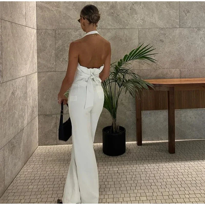 Classics Collection- Solid Halter Sleeveless Tank Set – Slim Straight Long Pants 2-Piece Suit for Women