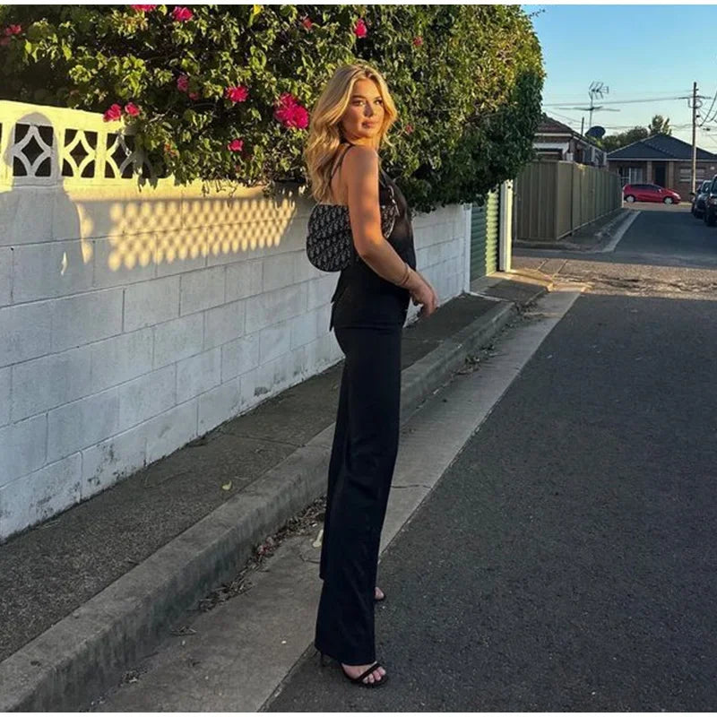 Classics Collection- Solid Halter Sleeveless Tank Set – Slim Straight Long Pants 2-Piece Suit for Women