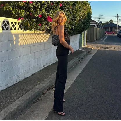 Classics Collection- Solid Halter Sleeveless Tank Set – Slim Straight Long Pants 2-Piece Suit for Women