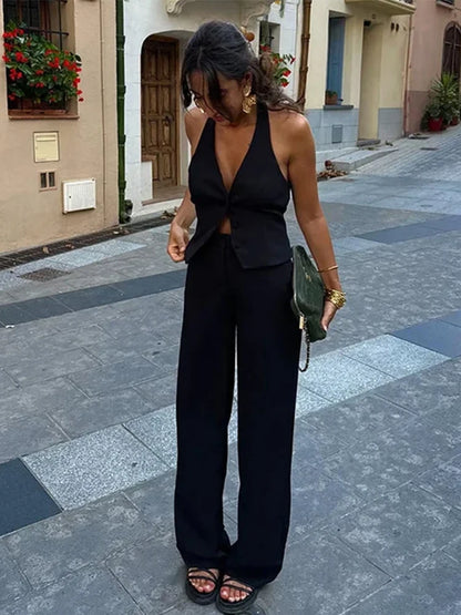 Classics Collection- Solid Halter Sleeveless Tank Set – Slim Straight Long Pants 2-Piece Suit for Women