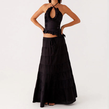Boho Y2K Collection- Ruffle Halter Maxi Skirt Set