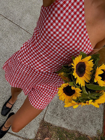 Boho Y2K Collection- Vintage Plaid 2-Piece Short Outfit