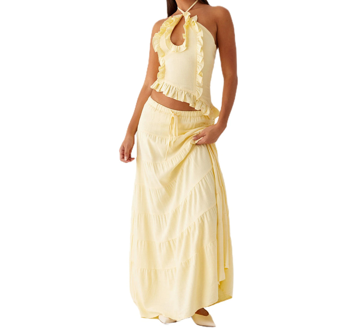 Boho Y2K Collection- Ruffle Halter Maxi Skirt Set
