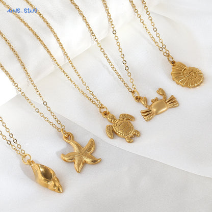 The Starfish & Shell Pendant Necklace – Trendy Stainless Steel Beach Jewelry