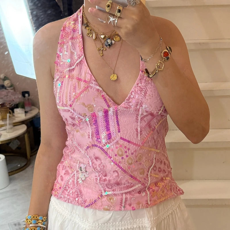 Boho Y2K Collection- Vintage Sequin Halter Top