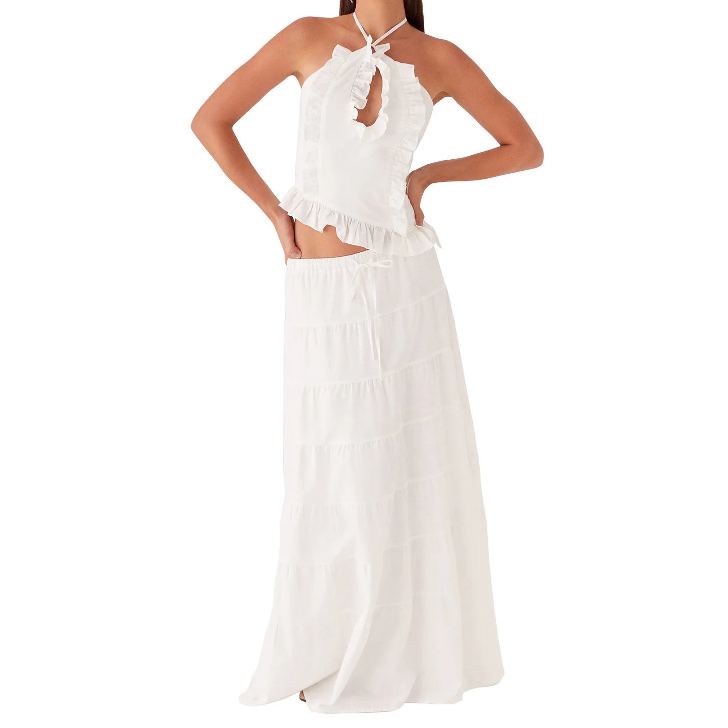 Boho Y2K Collection- Ruffle Halter Maxi Skirt Set