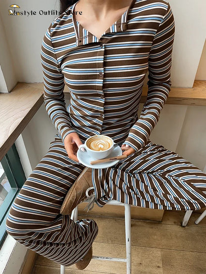 The Casual Striped Two-Piece Pants Set – O-Neck Coat & Drawstring Trousers