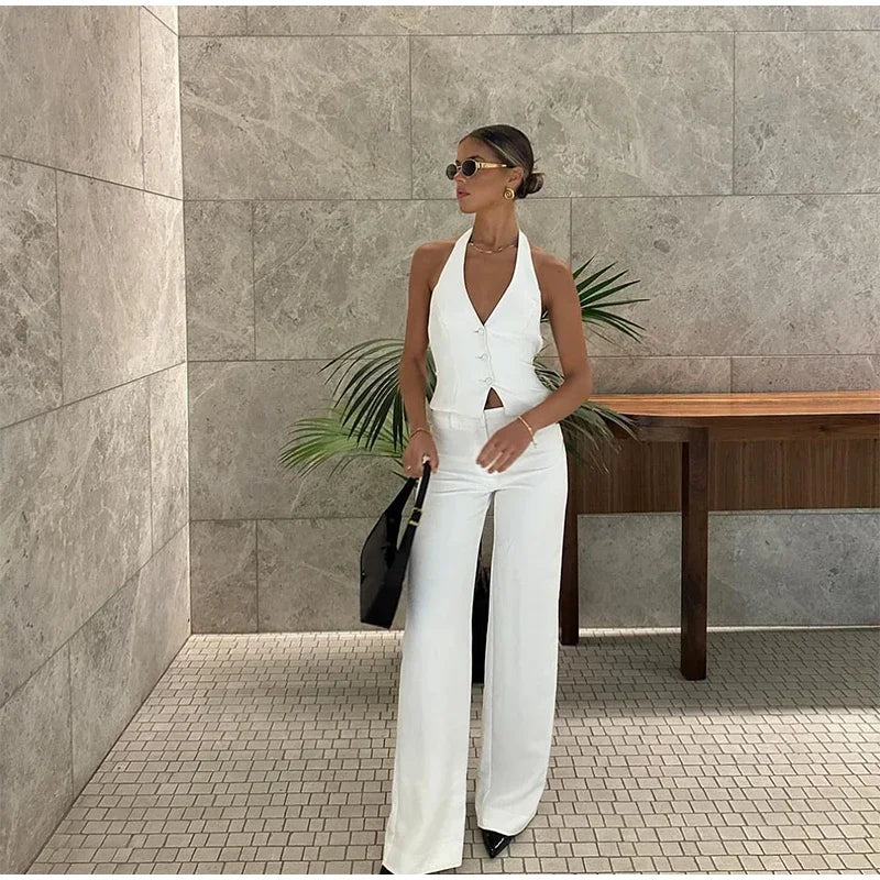Classics Collection- Solid Halter Sleeveless Tank Set – Slim Straight Long Pants 2-Piece Suit for Women