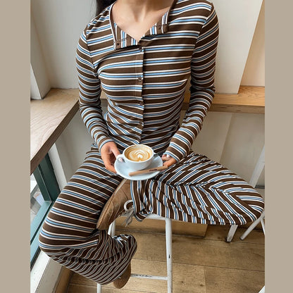 The Casual Striped Two-Piece Pants Set – O-Neck Coat & Drawstring Trousers