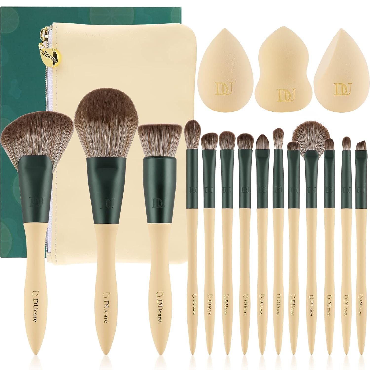 Makeup Brushes 14Pcs with 3Pcs Makeup Spong & Cosmetic Bag - Lime Mojito Series Makeup Brush Set for Foundation Blending Face Powder Blush Concealers Eye Shadows